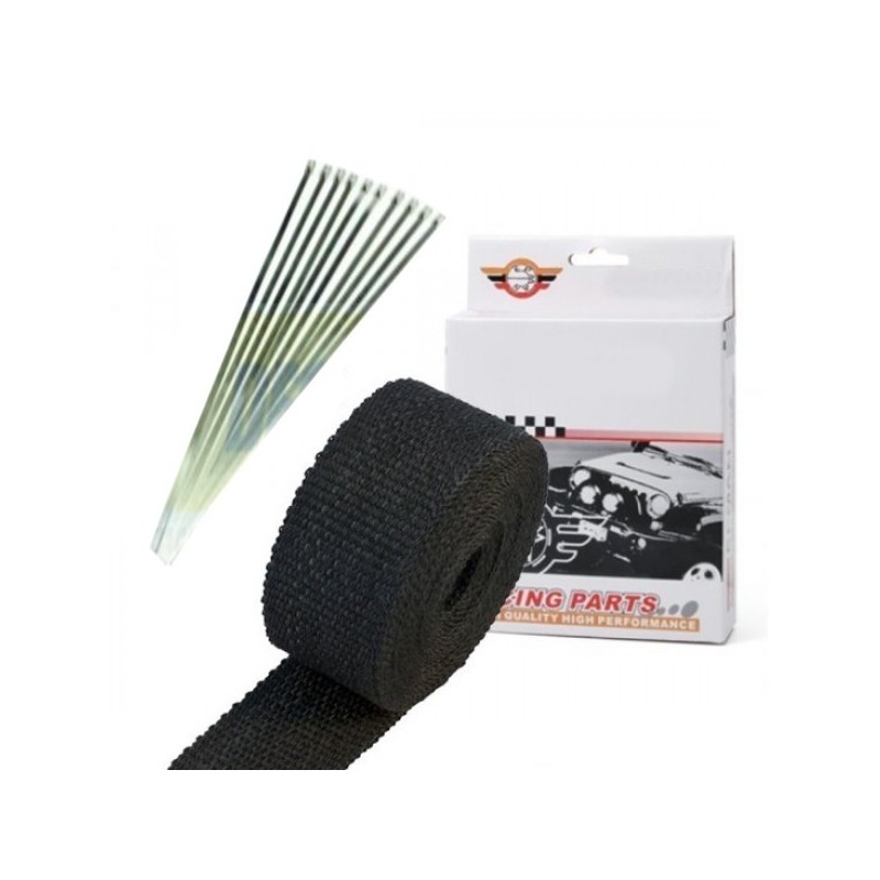 Pack de cintas, térmica negro para el colector de escape 10MX5CM y kit de 10 banda de acero inoxidable abrazaderas de