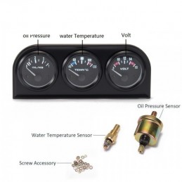 Kit 3 manomètres avec support : tempèrature d'eau, pression d'huile et voltmètre